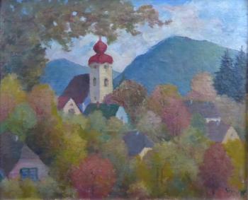 Podzim v msteku s kosteln v a kopci