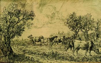 Pasoucí se krávy s vedutou města Pasoucí se krávy s vedutou města